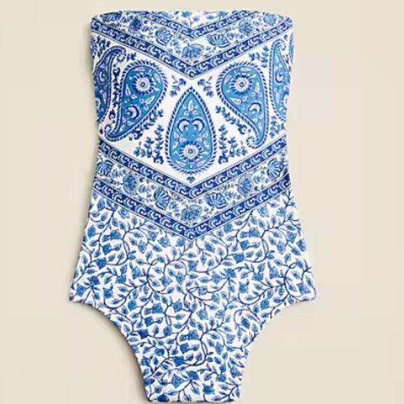 J Crew Long Torso Gemma Ruched Bandeau One Piece Swimsuit in Bandana Block Print - Picture 1 of 5